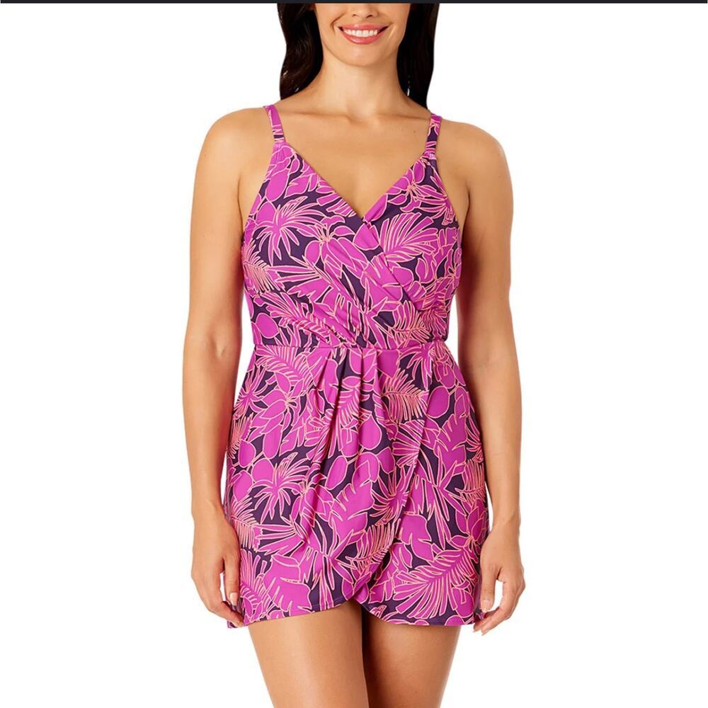 NWT Lands End‎ Purple Chlorine Resistant Tulip Wrap Swim Dress One Piece Sz XL
